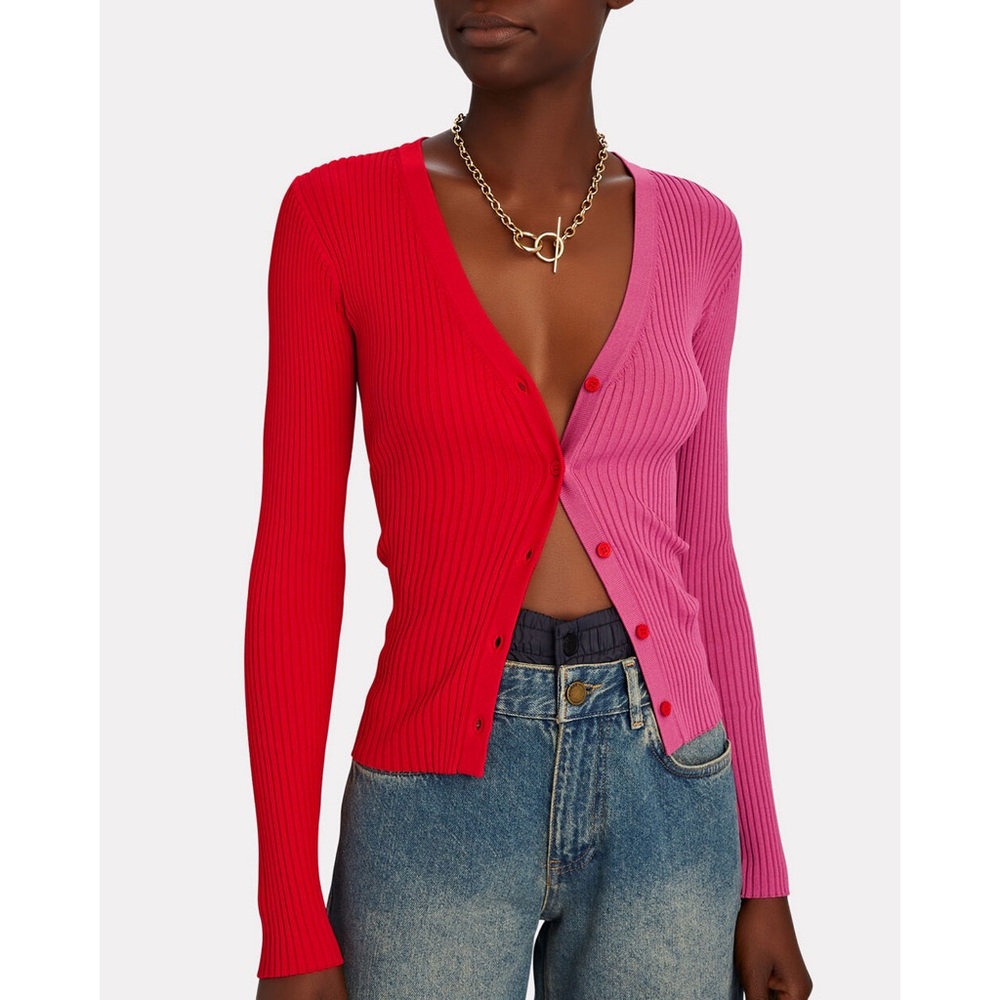 Staud metallic cargo cardigan sweater pink red